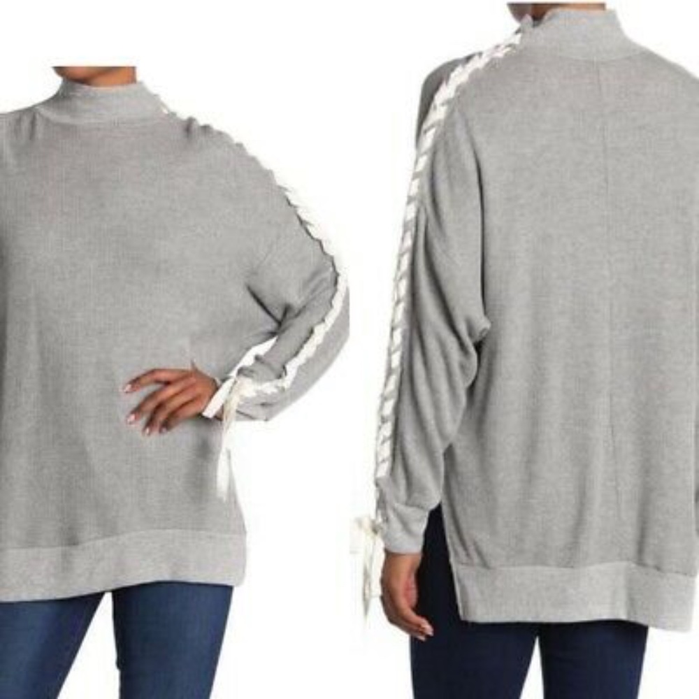 Free People Snow Drift Sweater SIZE M Heather Gray Lace Up Sleeve